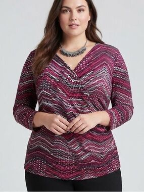 JONES STUDIO Wrap-Style Multicolor Chevron Blouse - Pink & Black size XL